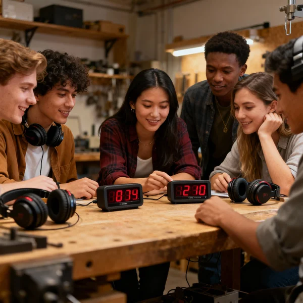 Two black digital timers on a wood table, 0:14 and 2:40, surrounded by a collaborative workshop team and tools, emphasizing teamwork