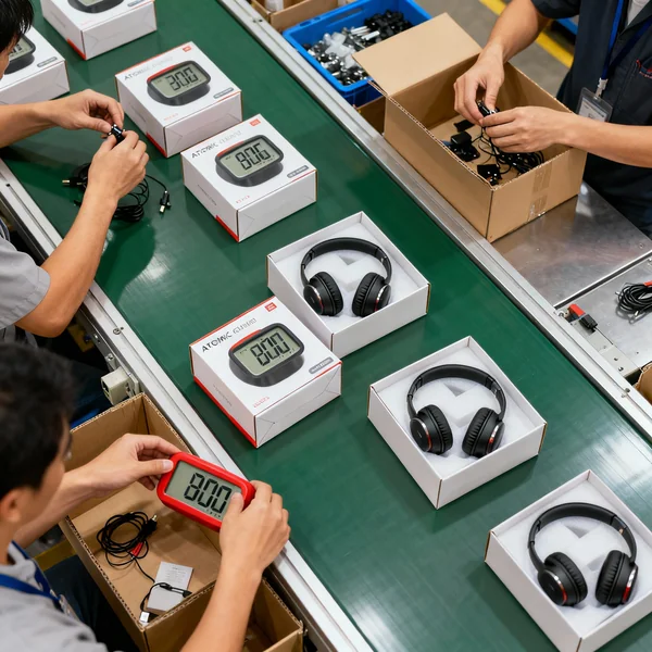 Assembly line workers packing headphone boxes beside a digital counter reading 800, showing production and inspection activity
