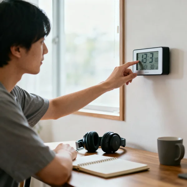 Person pointing at a digital atomic clock showing 18:33 with notebook, headphones, and mug on the table, showing real use