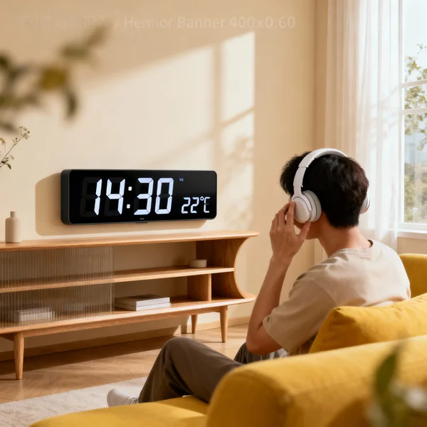 Black rectangular digital atomic clock on wooden shelf showing 14:30 and 22°C, clear display and modern design
