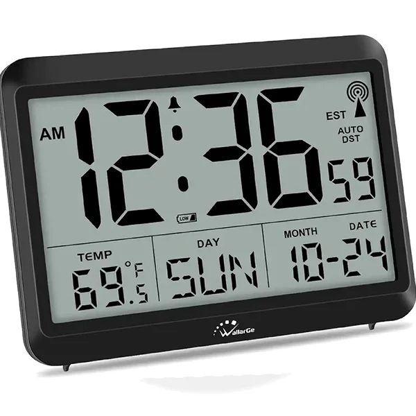 Large self-setting atomic digital wall clock showing time, temperature, date, and day on a clean display