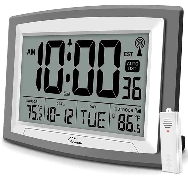 12.5-inch self-setting digital clock displaying indoor and outdoor temperatures and time
