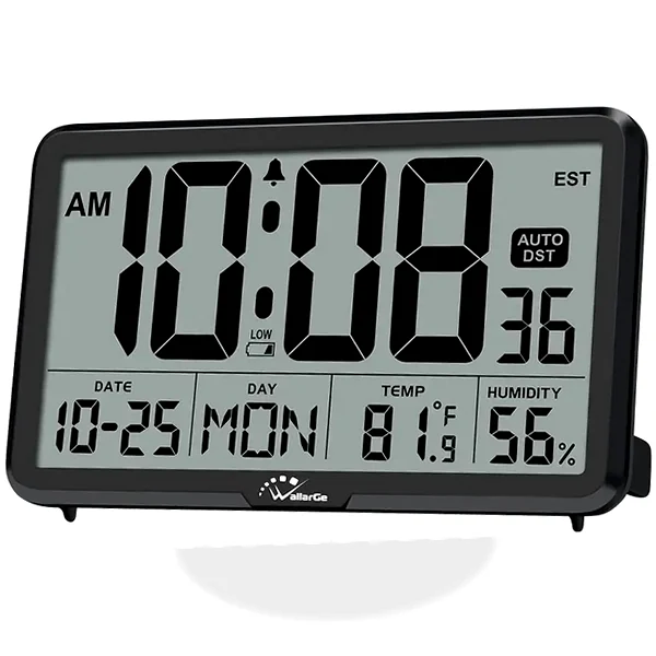 Auto-set digital calendar clock showing time, humidity, and temperature on a high-contrast display