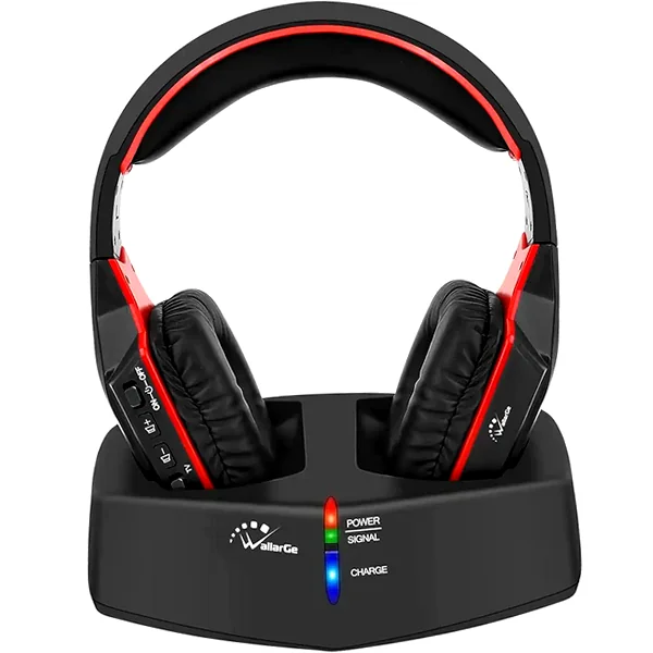 Black and red RF wireless TV headphones with charging dock and comfortable ear cushions