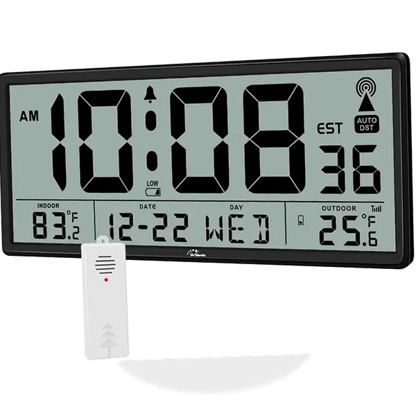 14.5-inch jumbo self-setting digital wall clock showing dual temperature readouts and large digits