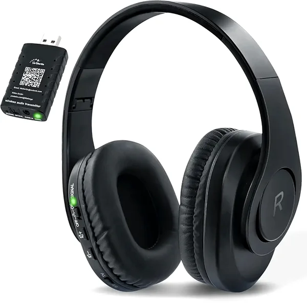 Comfort-fit Bluetooth headphones with USB transmitter and cushioned ear pads for long listening sessions