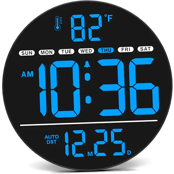 LED digital wall clock with brightness controls, date, day, and temperature display for office or classroom